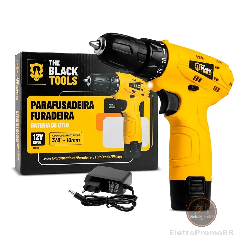 Parafusadeira Furadeira The Black Tools Tb12a 3/8 A Bateria Cor Amarelo Frequência 60hz 127/220v