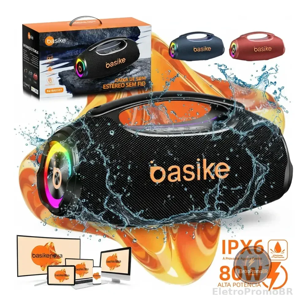 Basike Caixa De Som Boombox Plus 80w 8000mah 10hrs Portátil Bluetooth 5.3 Sem Fio Ipx6 À Prova D'água Com Luz Rgb Hifi... 6v Preto