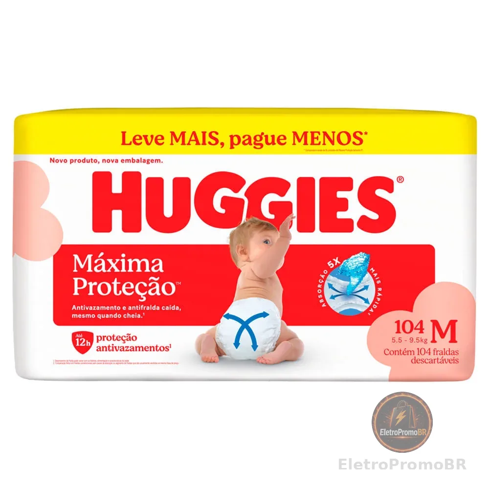 Fralda Huggies Máxima Proteção Tamanho M 104 Unidades Descartáveis Leve Mais Por Menos