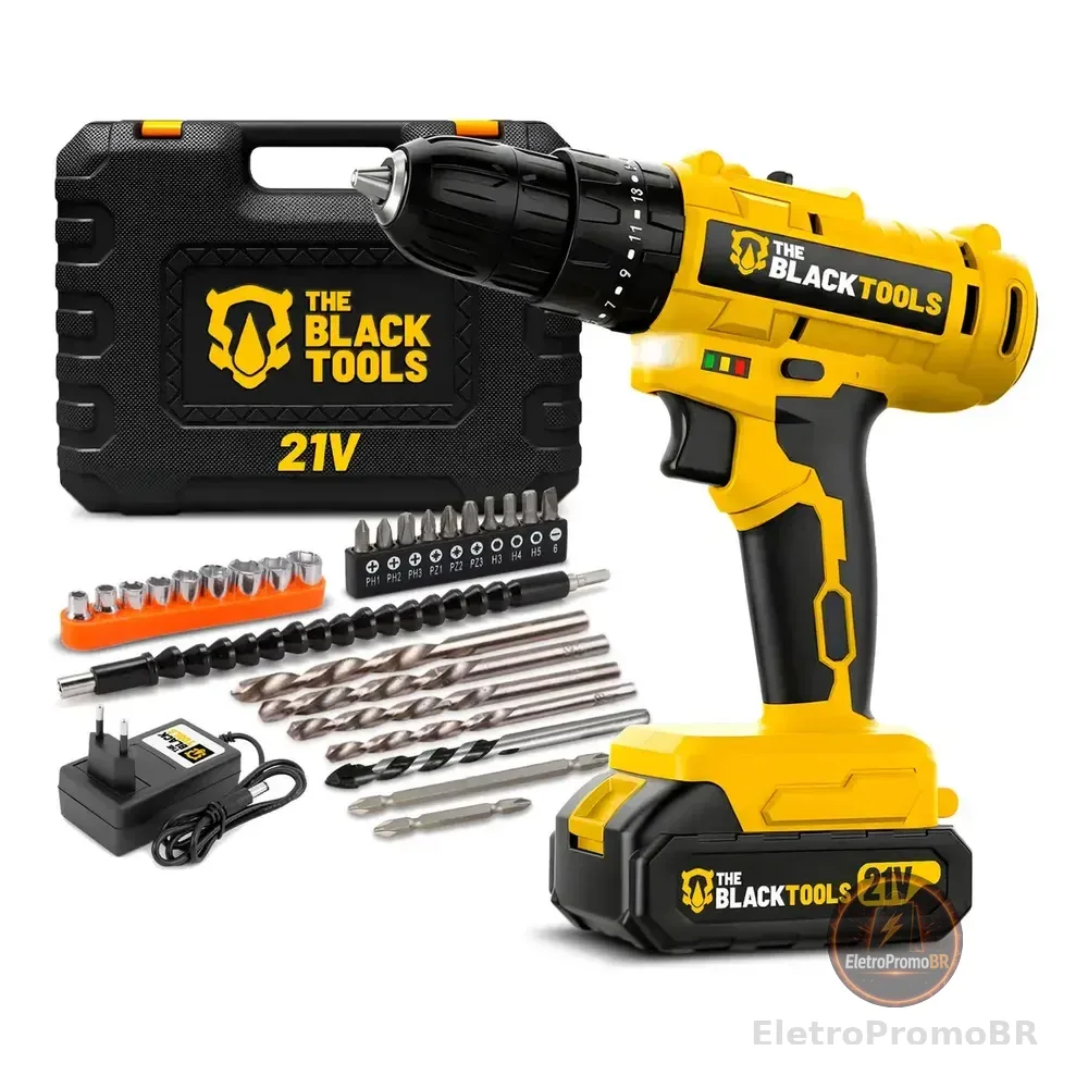 Furadeira E Parafusadeira De Impacto Sem Fio A Bateria 21v 3/8 Com Maleta E Acessorios Tb-21pzw The Black Tools Amarelo 127/220v 50/60hz