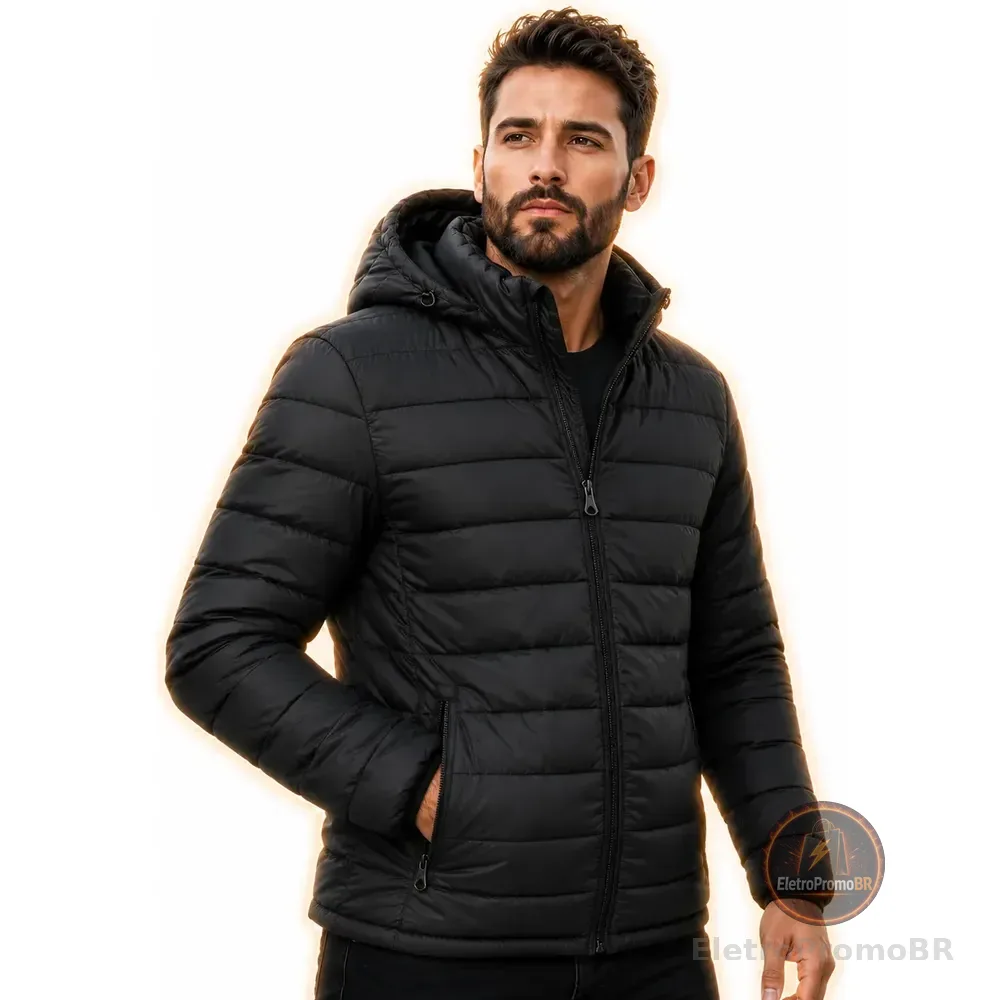 Jaqueta Bobojaco Puffer Masculina Térmica Inverno Capuz Preto P