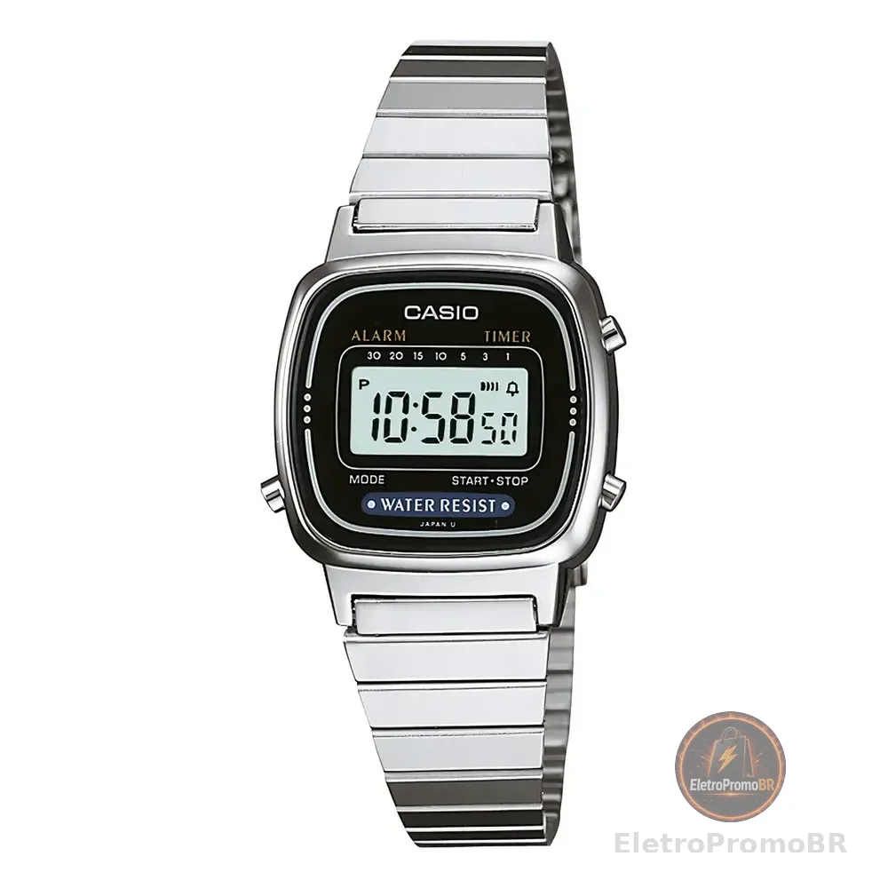 Relógio Casio Feminino Antiguo La670wa-1df Mini Retrô Crono Alarme Prata Prateado Preto