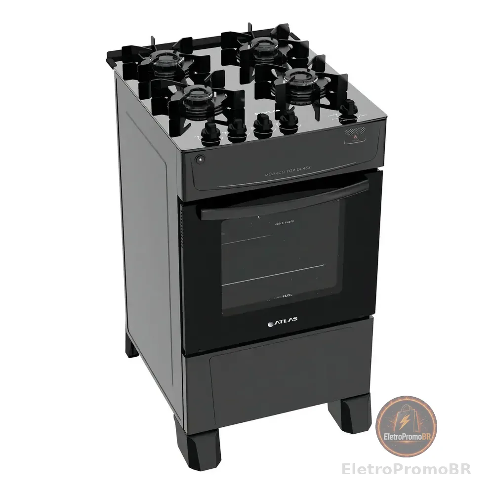 Fogão 4 Bocas Atlas Mônaco Top Glass Com Mesa De Vidro E Acendimento Automático Preto Bivolt 127/220v