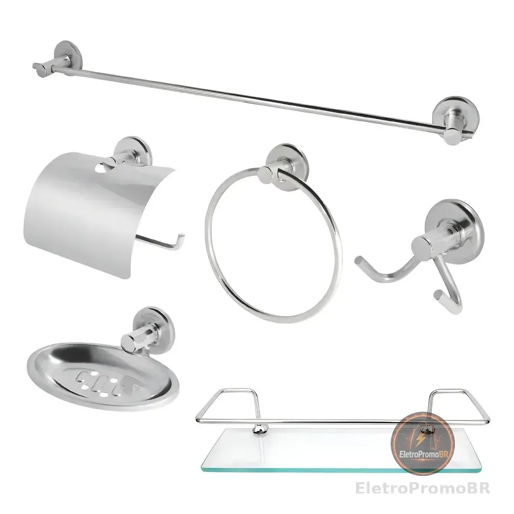 Kit Acessórios Banheiro Inox 5peças + 1 Porta Shampoo Reto Cor Prateado