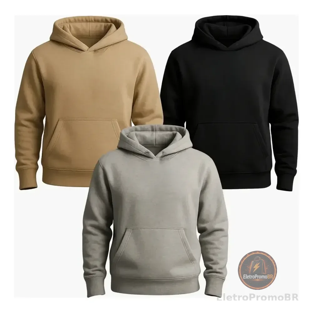 Kit 3 Abrigo Moletom Adulto Capuz Jaqueta Canguru Liso Frio Gg Kit Bege / Preto / Cinza