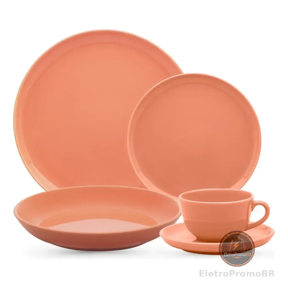 Aparelho De Jantar E Chá 30 Peças Flat Apricot - Liso Laranja-claro