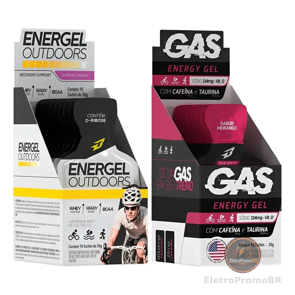 Kit Gas Energy Gel C/ Cafeína + Energel Outdoors S/ Cafeína Guaraná Com Açaí/morango