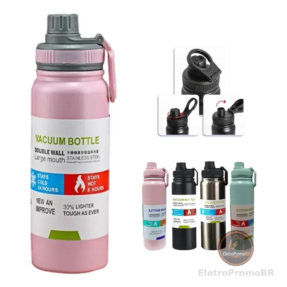 800mlgarrafa Térmica Água Squeeze Inox Academiaquente E Frio Rosa