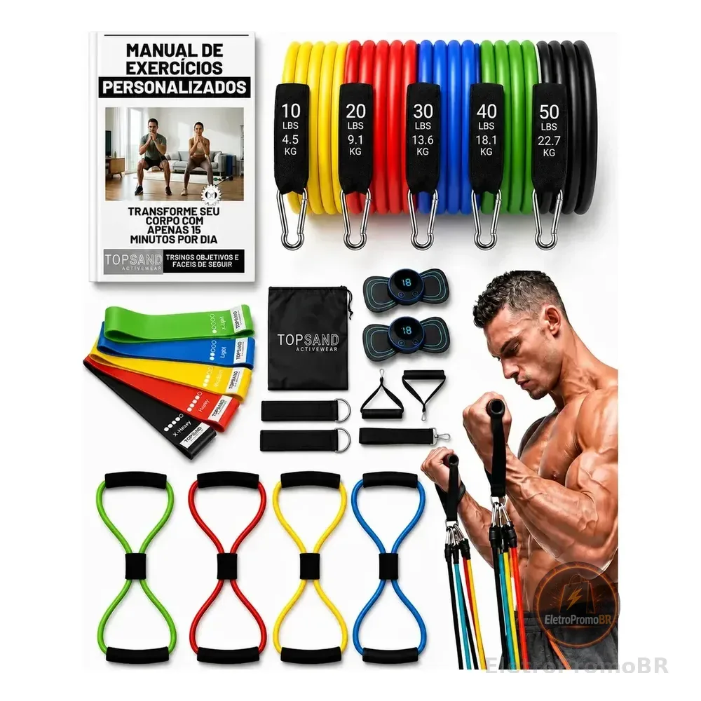 Kit 20 Itens Esportivos Para Treino Em Casa Academia Fitness Funcional Com Elásticos Extensor Puxadores Massageador... Colorido