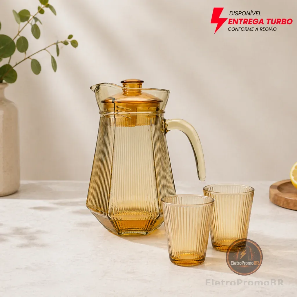 Jarra Dourada + 6 Copos de Vidro | Jogo 7 Peças Elegante para Água, Suco e Drinks