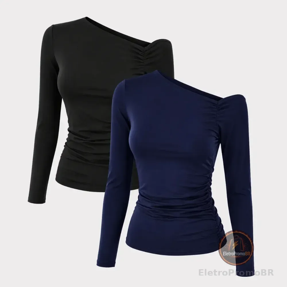 Kit 2 Blusa Suplex Feminina Manga Longa Recorte Ombro Básica Azul E Preto Liso M - (38/40)