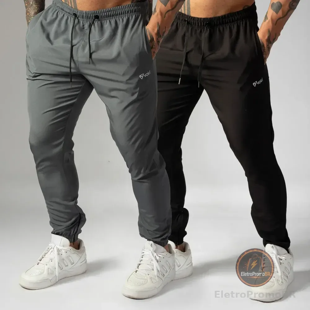 Kit 2 Calças Jogger Tactel Com Elastano Masculina Esportiva Preto E Chumbo Basico M