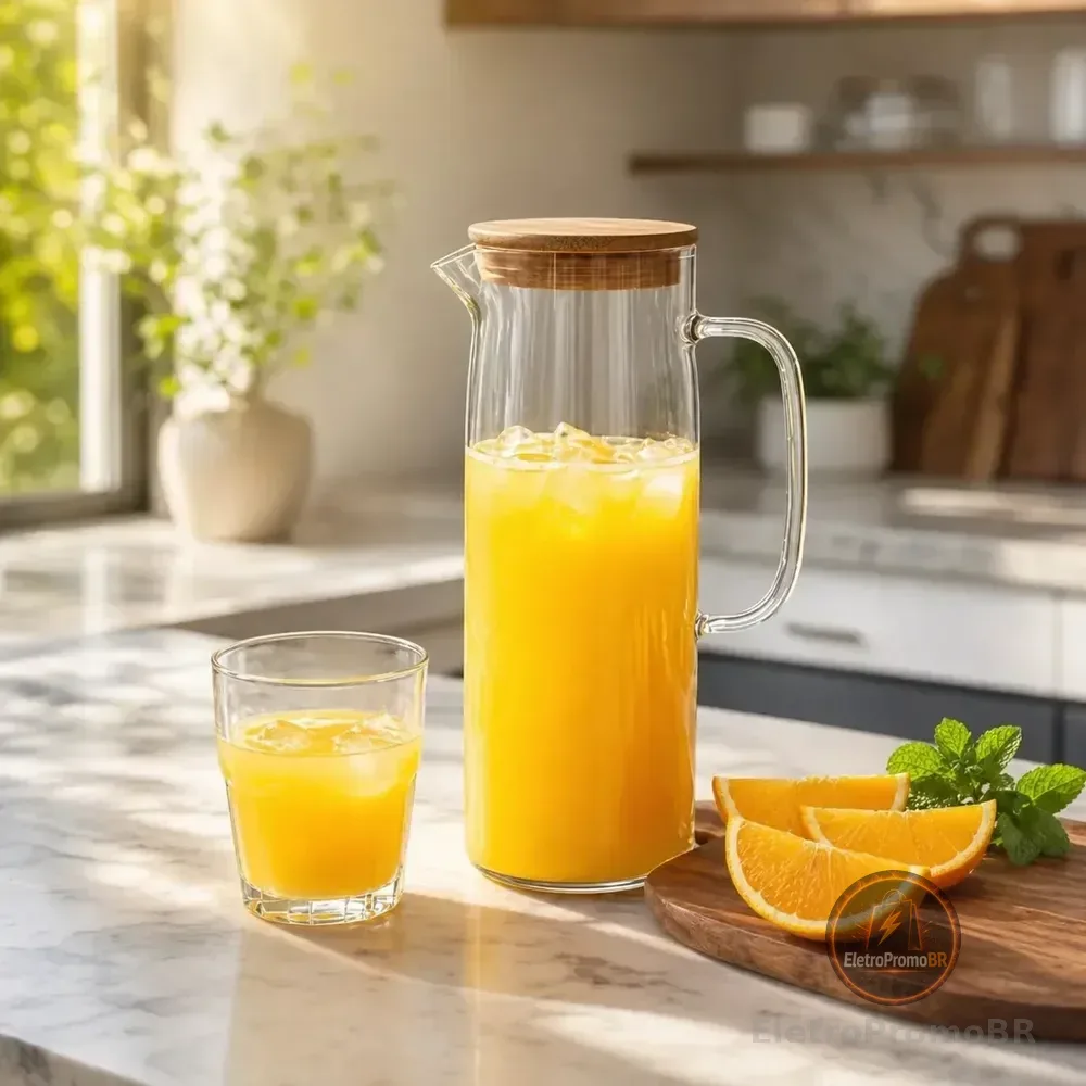 Jarra De Vidro Borossilicato Com Tampa De Bambu 1,5l Suco Água Transparente Pítia