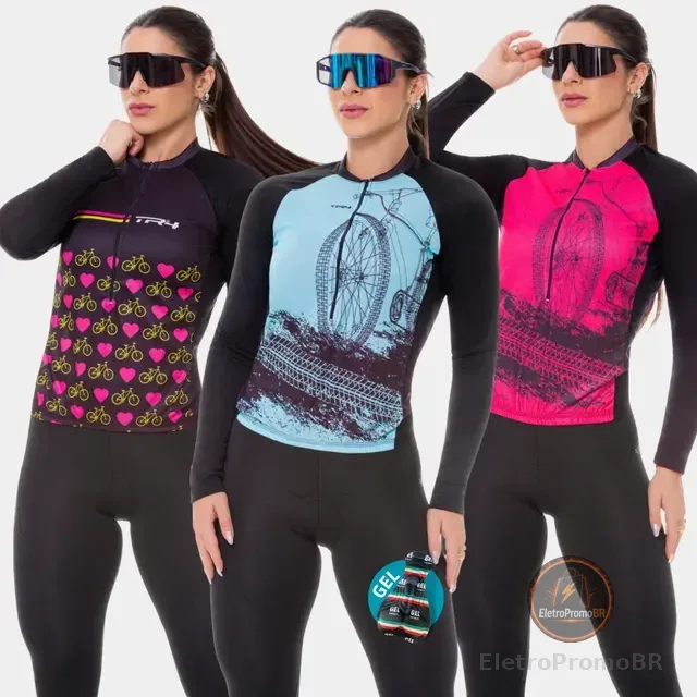 Conjunto Ciclismo Feminino Camisa Manga Longa + Calça Gel