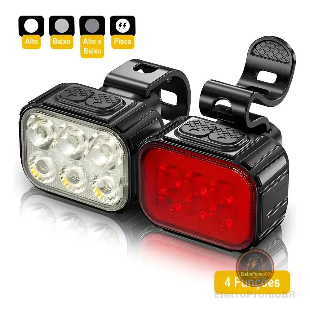 Kit Lanterna E Farol Bicicleta Potente 6 Leds Recarregável Preto
