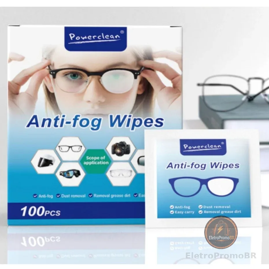 100/200/300 Lenços Umedecidos POWERCLEAN Antiembaçantes e de Limpeza – Óculos e Lentes de Câmeras