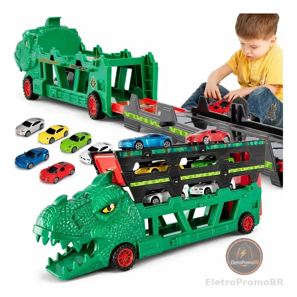 Lançador Carrinho Caminhão Dino Truck Carretinha Carreta Cegonha Leva Carros Dinossauro Com 6 Carrinhos Com Pista Infantil Kizumba Verde