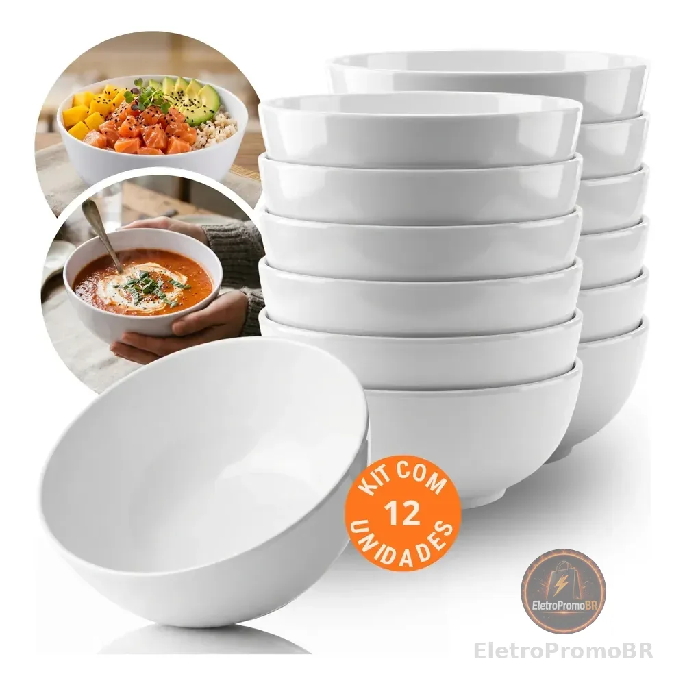 Kit 12 Bowl Grande 715ml Cumbuca Tigela Melamina Resistente Branco
