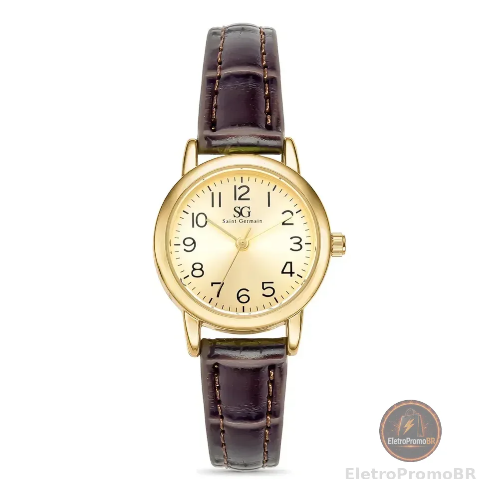 Relógio Saint Germain Houston Feminino Analógico Marrom Dourado Com Pulseira De Couro Sintético