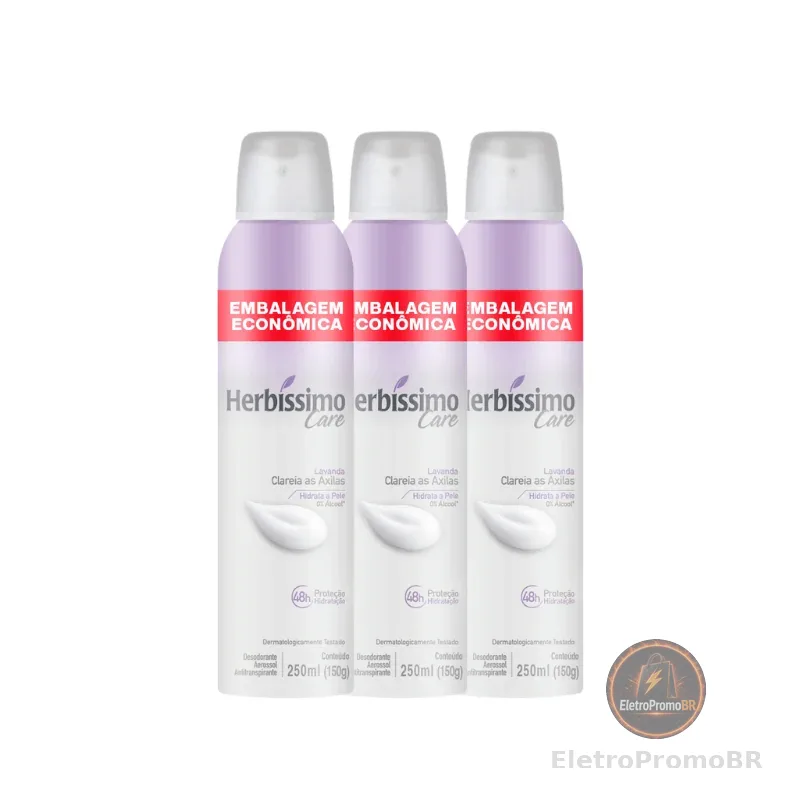 Kit Desodorante Aerossol Antitranspirante Herbissimo Care Lavanda 250ml Embalagem Econômica (3 unidades)