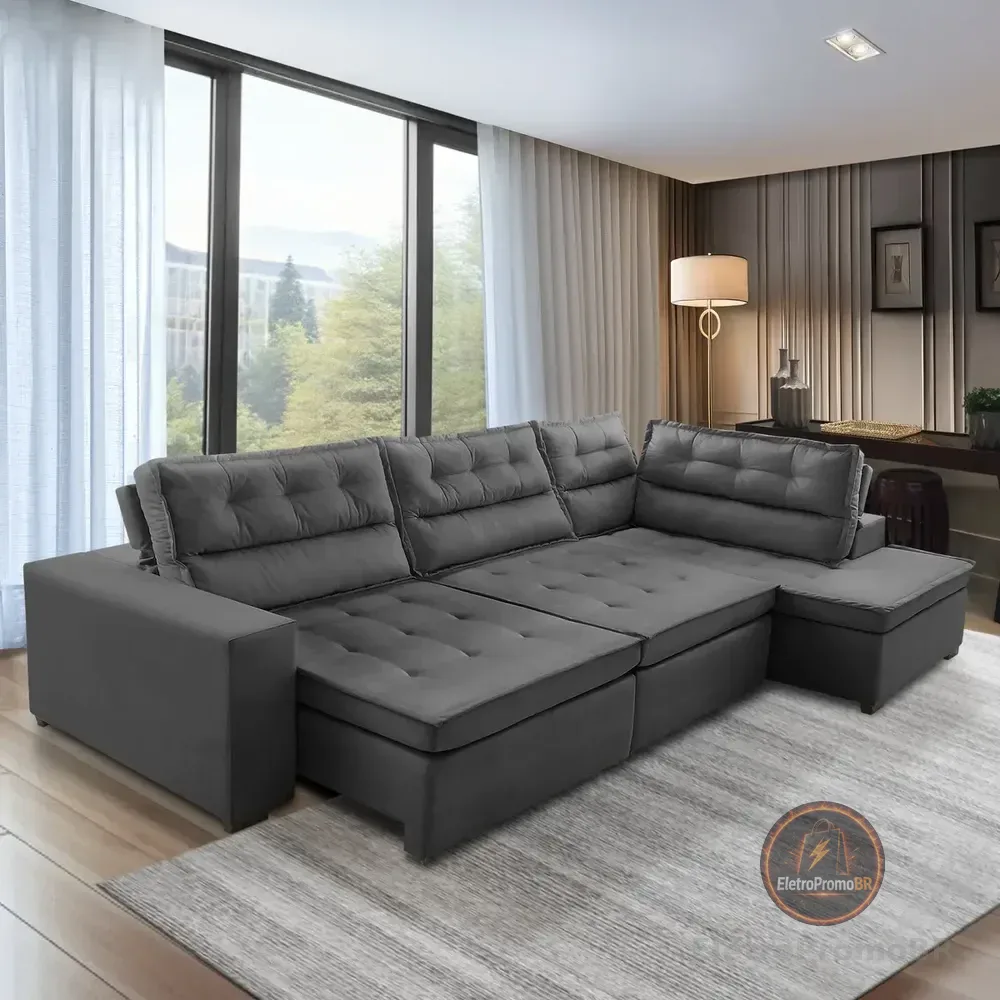 Sofá De Canto Retrátil E Reclinável Com Molas 3,00x2,00 Virginia Suede Cinza Adonai Estofados