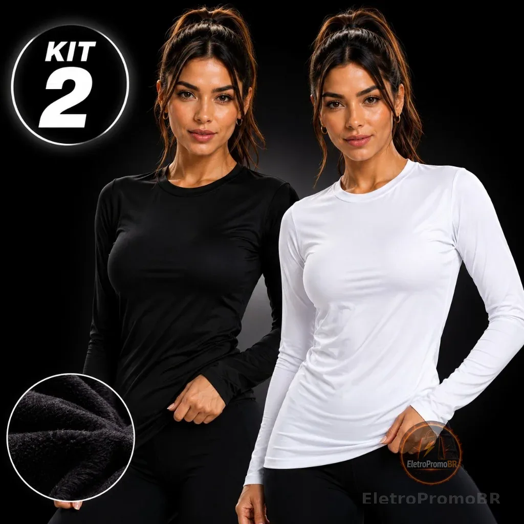 KIT 2 Camiseta Térmica UV Peluciada Feminina Manga Longa Proteção Solar Academia