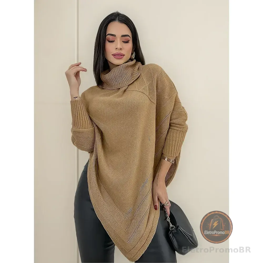 Blusa Poncho Tricot Assimétrico Alongado Manga Longa Suéter Nude Único
