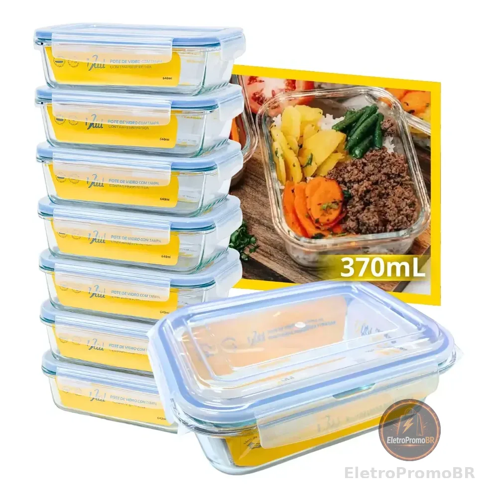 Conjunto 10 Potes Vidro Hermético 350ml 4 Travas Marmita Branco