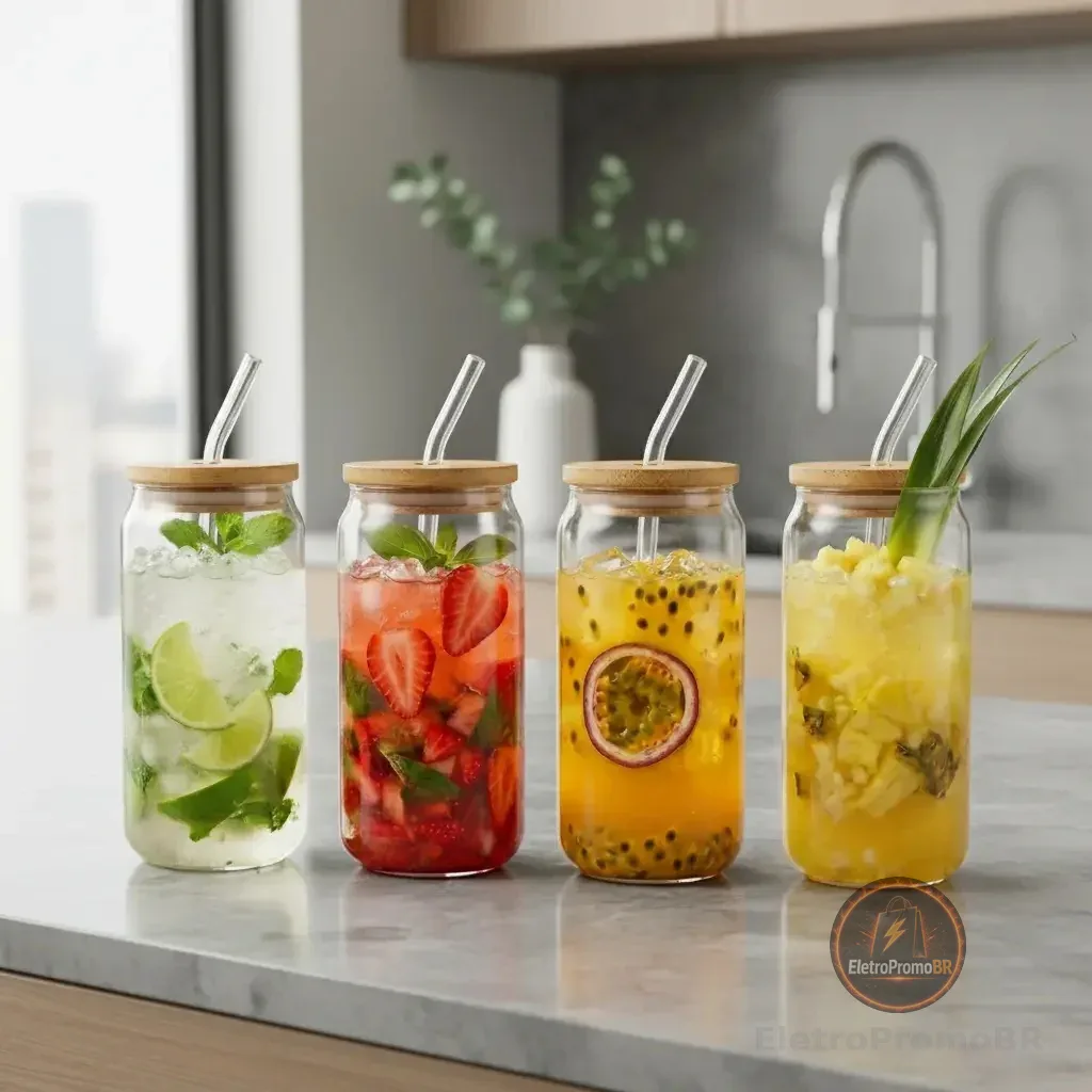 Kit Copos de Vidro com Tampa de Bambu e Canudo de Reutilizável Hermético Suco Café Transparente
