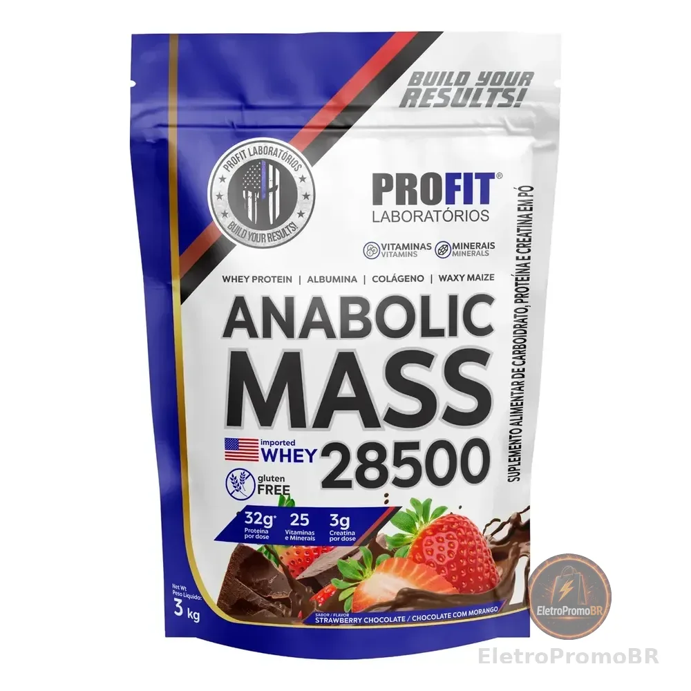 Hipercalórico Anabolic Mass 28500 3kg Profit Labs Sabor Chocolate Com Morango