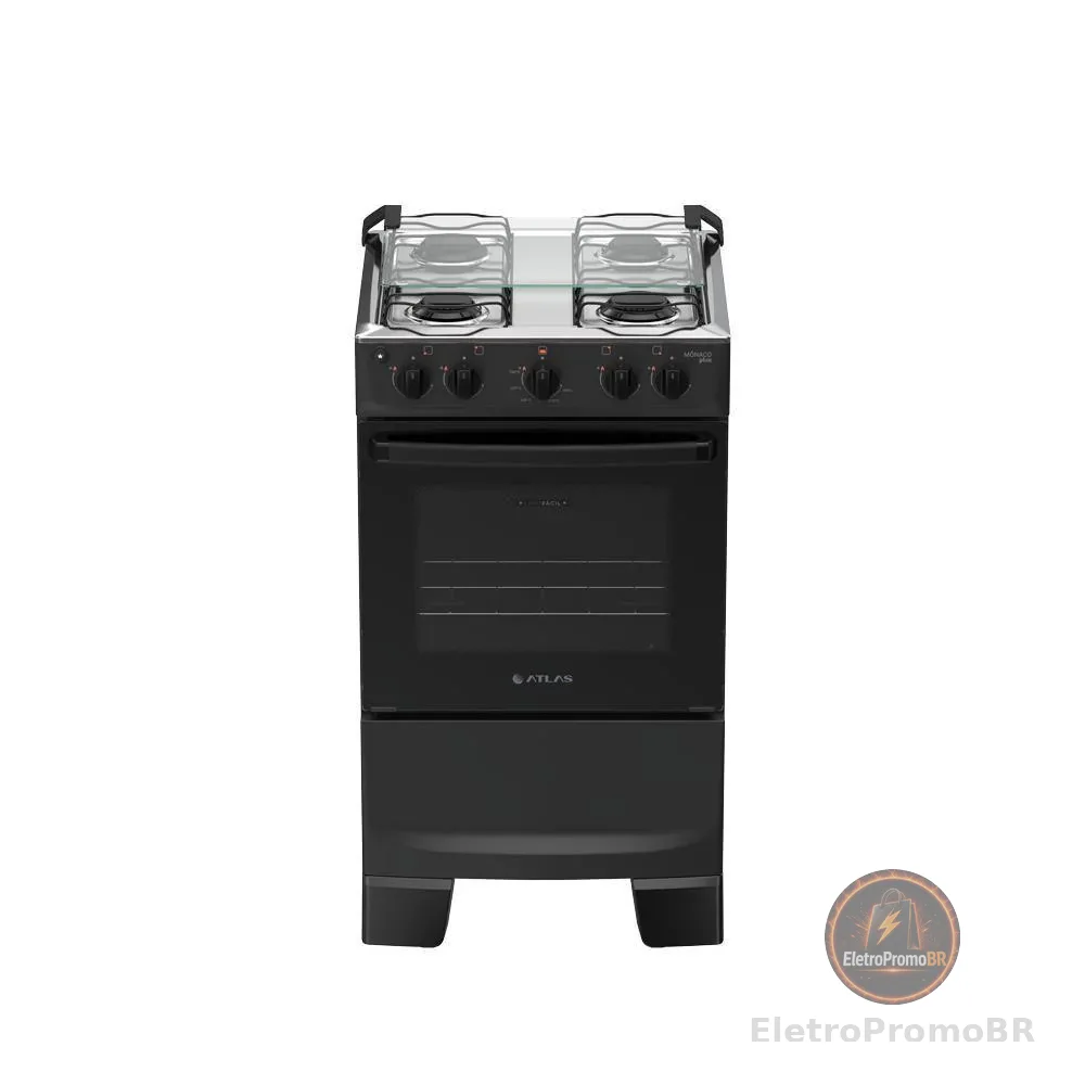 Fogão 4 Bocas Atlas Mônaco Plus Mesa Inox Bivolt Preto