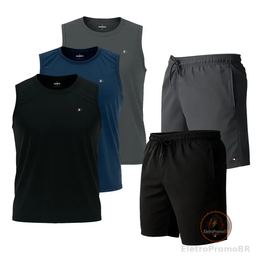 Kit 5 Pçs 3 Camisas Regata Dry-fit Sandrini +2 Short Tactel Sortidos Lisa G