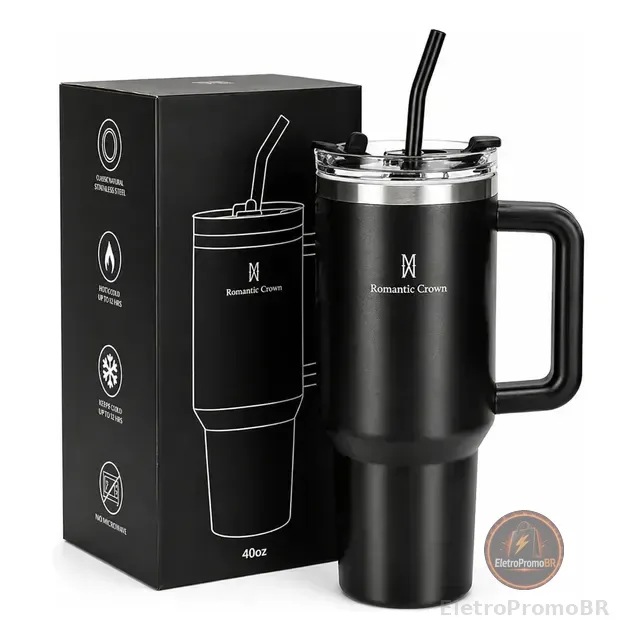 Copo Térmico Gigante 1,2l Inox Com Tampa E Inox Canudo