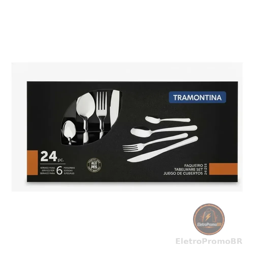 Faqueiro Tramontina 24 Peças Inox Jogo De Talheres Completo 6 Pessoas, Resistente, Não Enferruja, Fácil Limpeza, Kit Talheres Inox Premium Para Cozinha, Mesa Posta E Dia A Dia Cinza