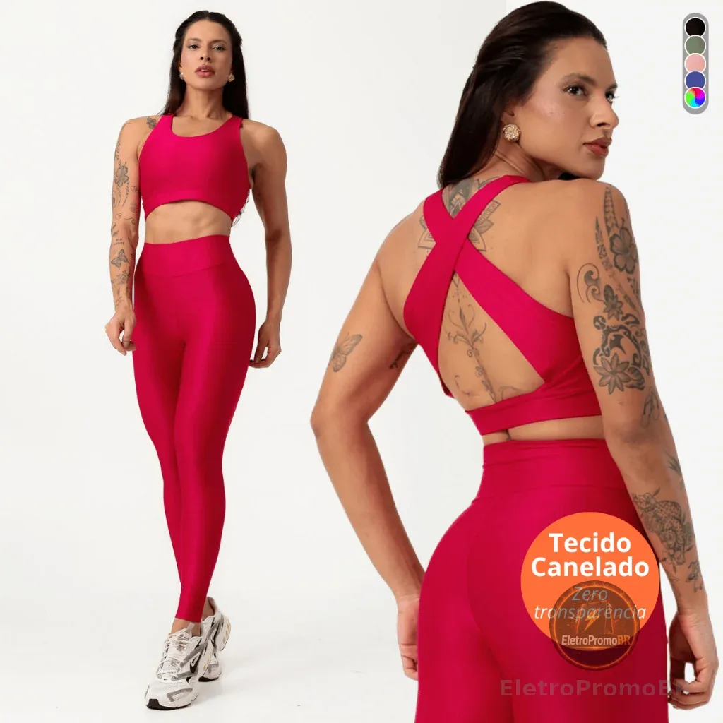 Conjunto Feminino Fitness Poliamida Canelado Zero Transparencia Legging e Top Academia Treino