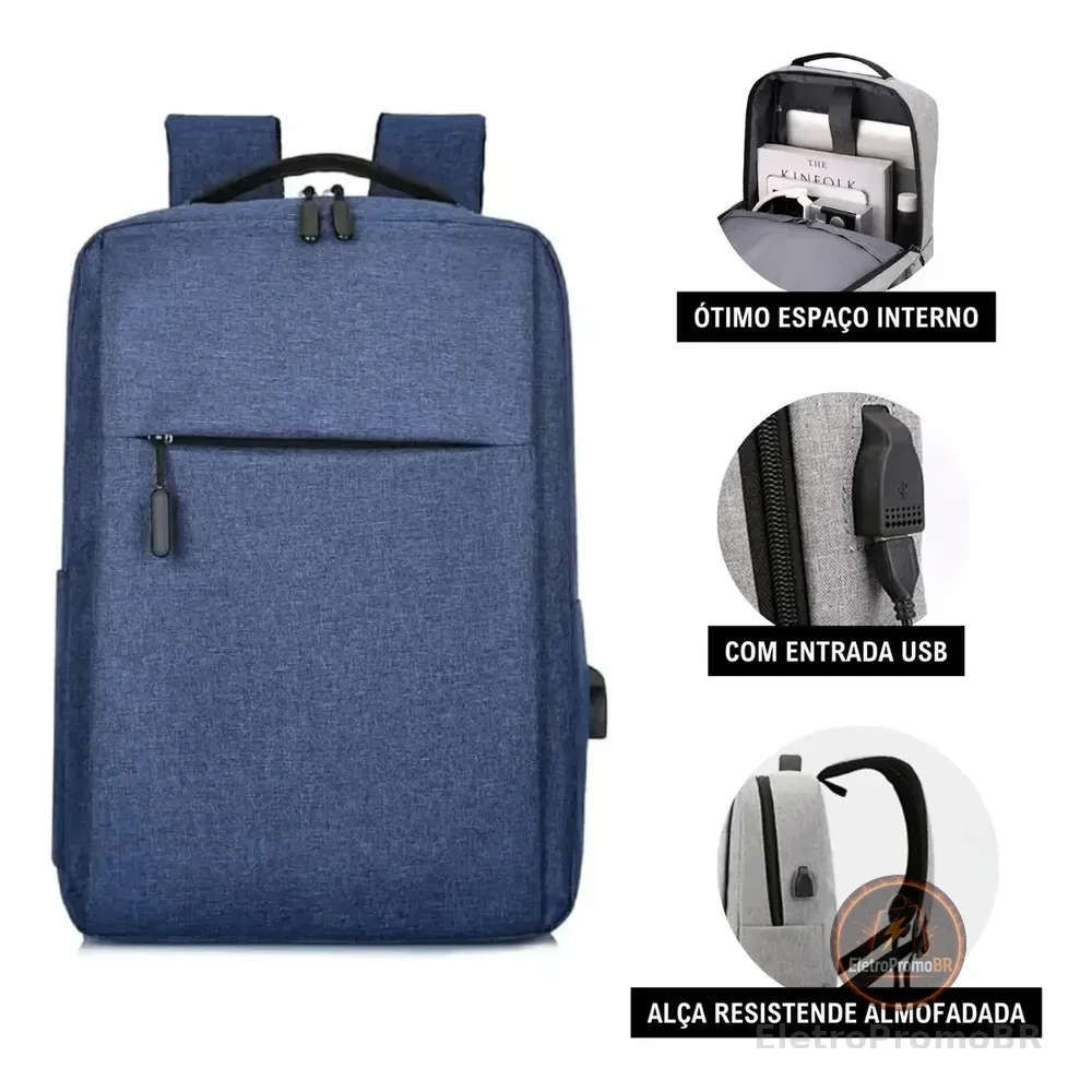 Mochila Impermeável Com Usb Carregador Reforçada Cor Azul - Miran Liso
