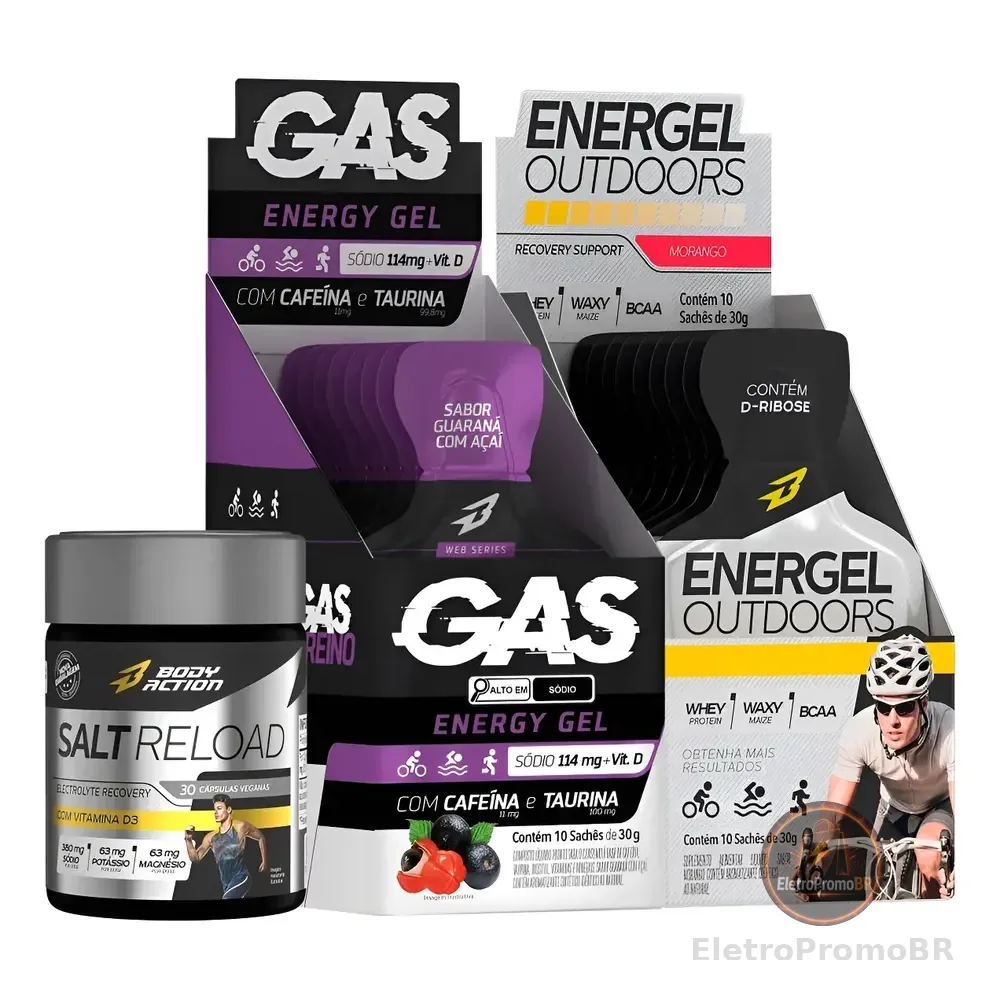 Kit Gel De Carboidrato C/ Cafeína + S/ Cafeína + Salt Reload Sem Sabor