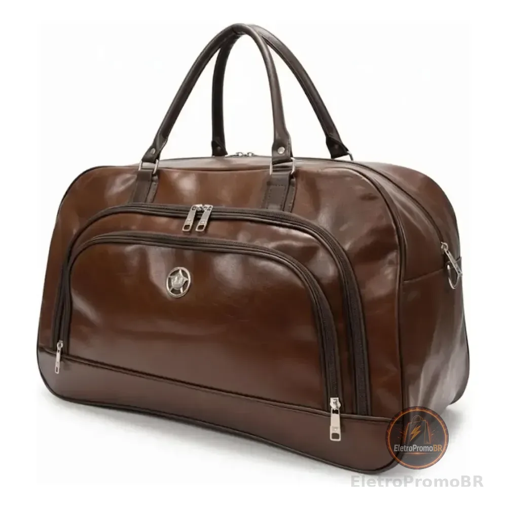 Bolsa De Viagem Luxo Couro Sintético Resistente Premium Cor Marrom Lisa