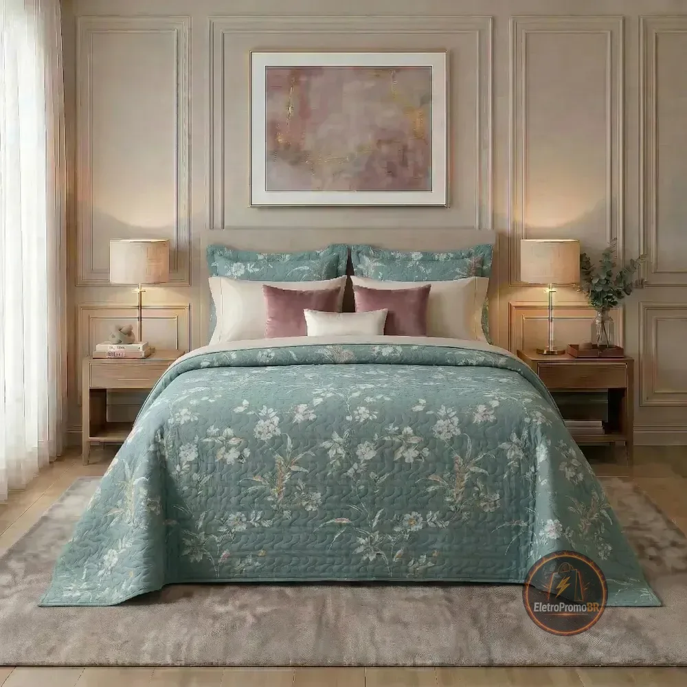 Colcha Cobre Leito Queen Estampada Floral Dupla Face Kit 3 Peças Microfibra 150 Fios Matelassê Antialérgica Porta... Florido Magnólia