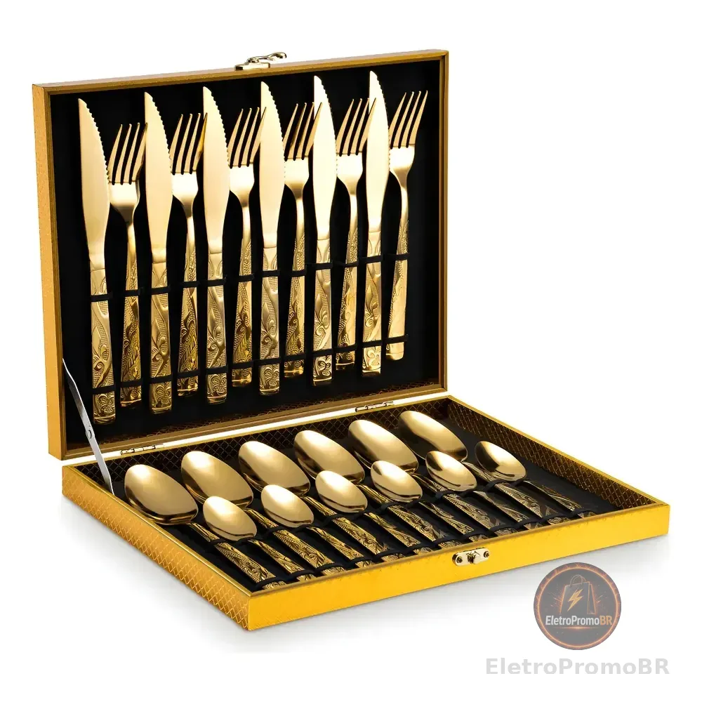 Eps-158 Kit Faqueiro Dourado Luxo Jogo Talheres Inox 24pçs + Maleta