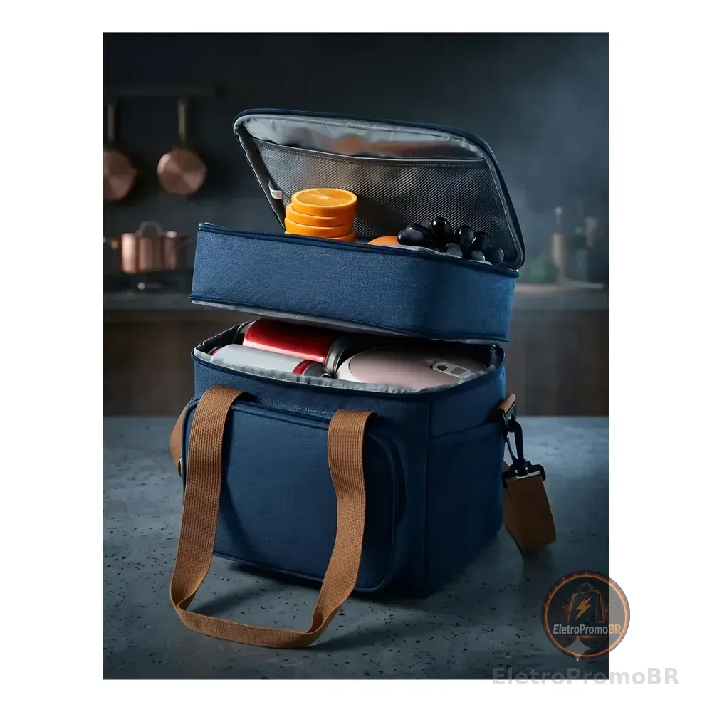 Bolsa Térmica Transversal Marmita Lancheira Trabalho Praia Azul
