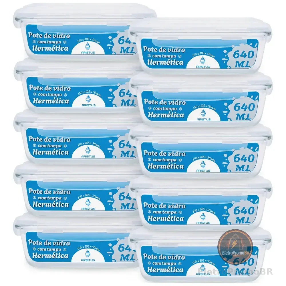 Kit 10 Potes Herméticos Vidro Aristus 640ml 4 Travas Cozinha Branco