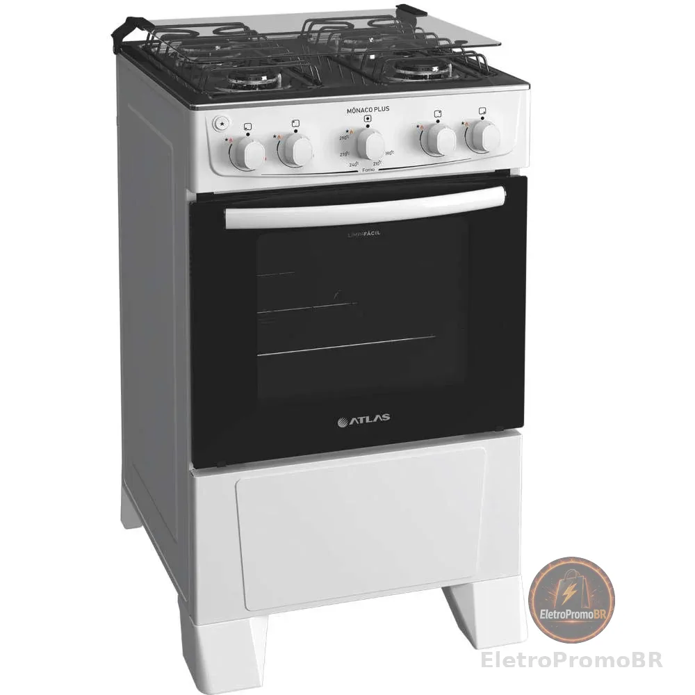 Fogão 4 bocas Atlas Mônaco Plus Branco Mesa inox e acendimento automático