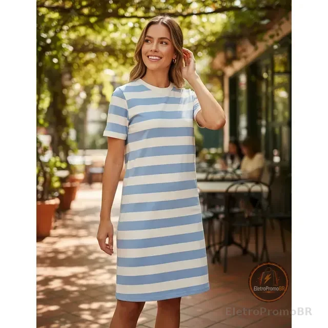 Vestido Manga Curta T-shirt Casual Listrado Algodão Básico
