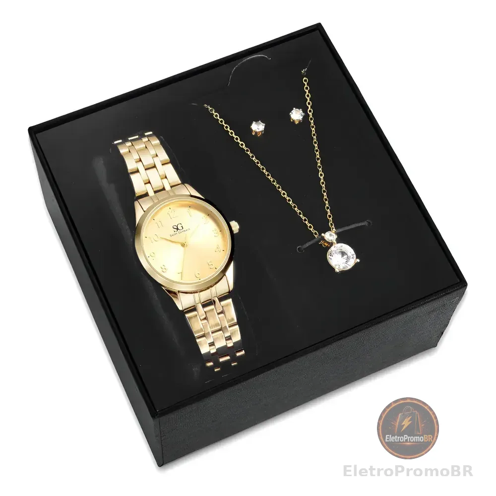 Kit Relógio Colar E Brincos Ponto De Luz Dourado Feminino Luxo Golden Saint Germain Presente Original Joias Elegante Clássico 28mm