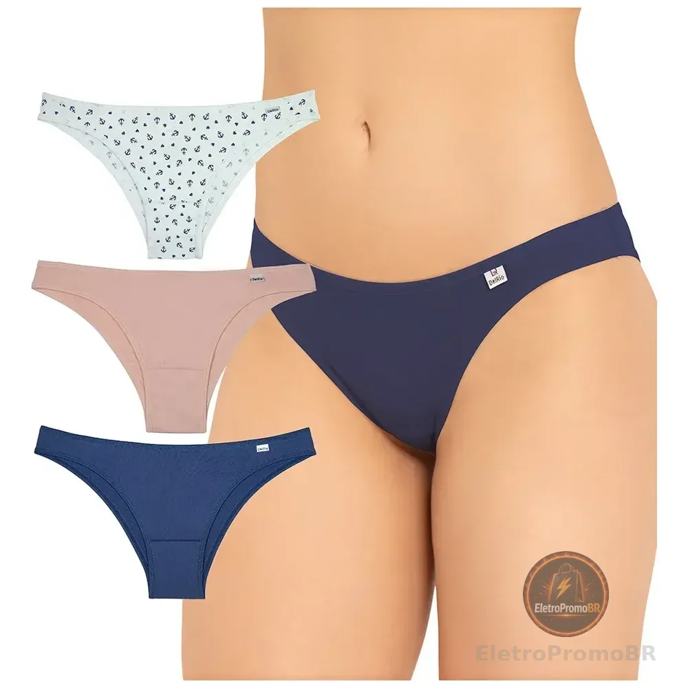 Kit 3 Calcinhas Tanga Delrio Feminino 52509k80 Branco Navy   Pessego  Marinho Liso / Estampado Gg