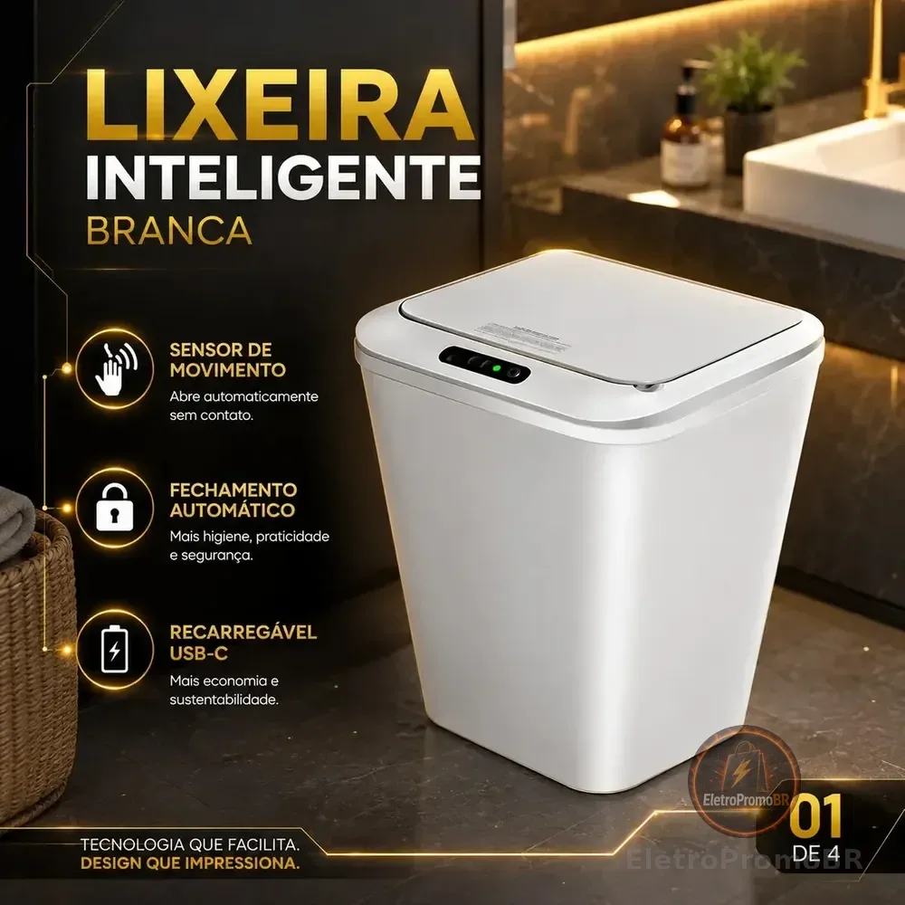 Lixeira Inteligente Automática Branca Universal Com Sensor Hearbuds Recarregável Anti Odor 16l Branco
