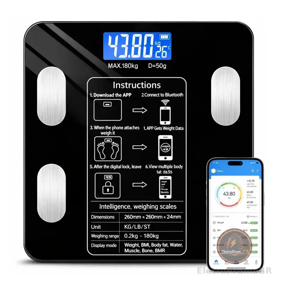 Balança Digital Inteligente Bioimpedância Bluetooth Preto 3v