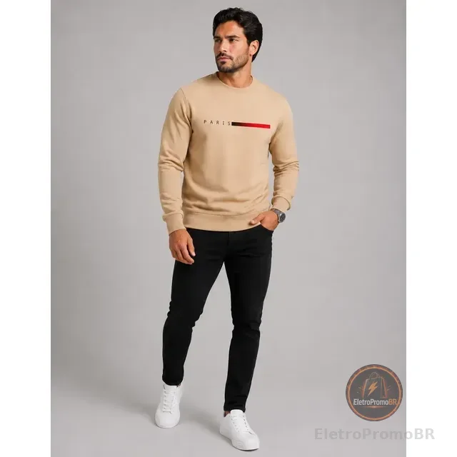 Moletom Masculino Gola Careca Flanelado Paris Suéter Frio