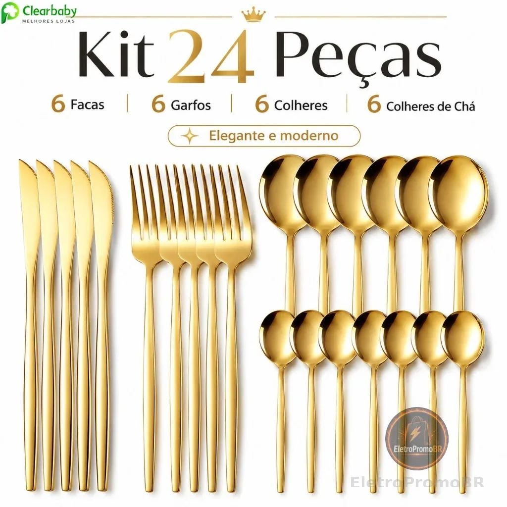 Kit Talheres 24 Peças Luxo | Garfos, Facas e Colheres em Aço Inoxidável Dourado
